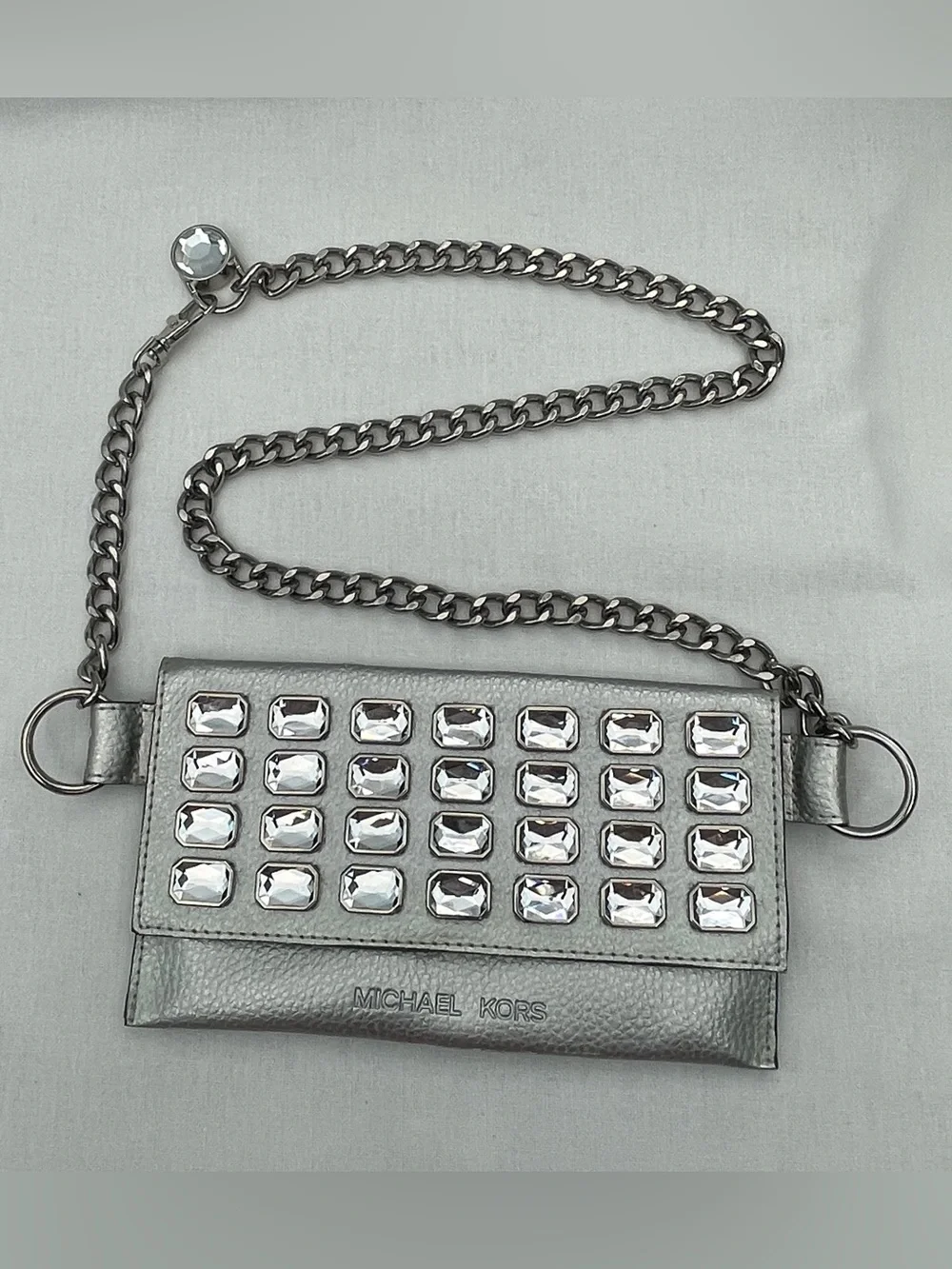 NWO. Michael Kors Silver Crystal-Embellished Chain Crossbody or Belt Wallet.